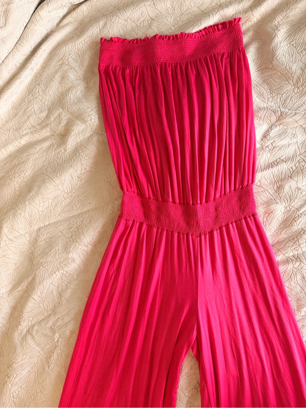 Strapless Smocked-Waist Jumpsuit in Hot Pink